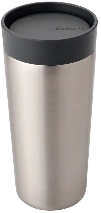 Roestvrijstalen thermosbeker met een donkergrijs deksel.