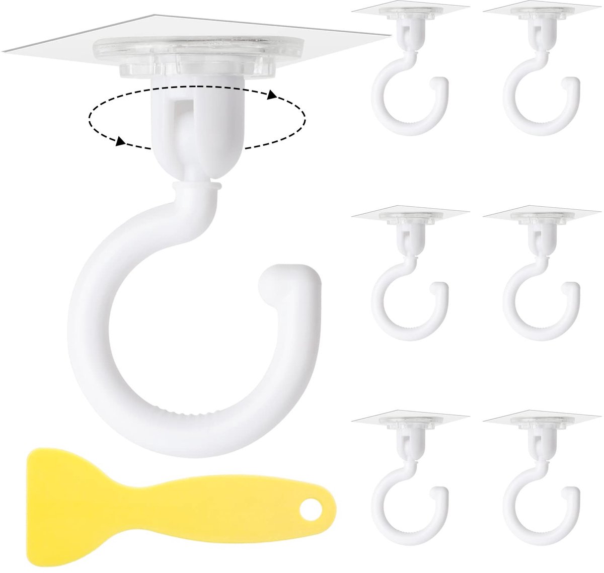 Dailygoods- Plafondhaken 360° draaibaar - Zelfklevende Haken - Waterdichte Wandhaken - Set van 6 - Tot 5 kg draagvermogen - Inclusief schraper
