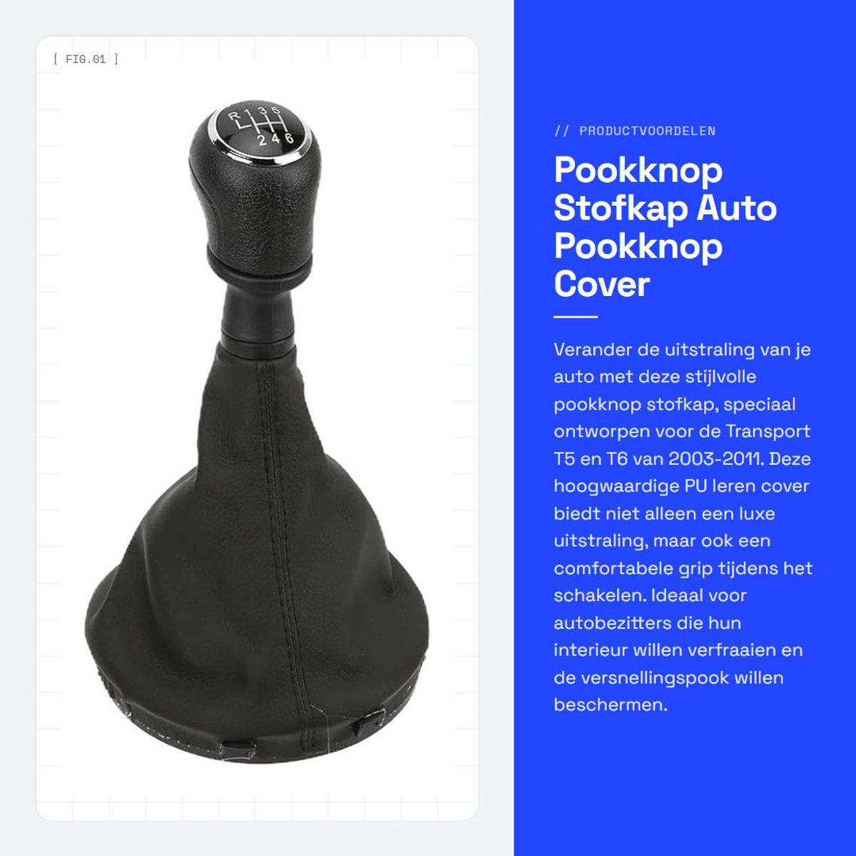 Dailygoods- Pookknop Vervanging - Pookknop Cover - Versnellingspook Hoes - PU Leer - Geschikt voor Transport T5/T6 2003-2011 - Zwart