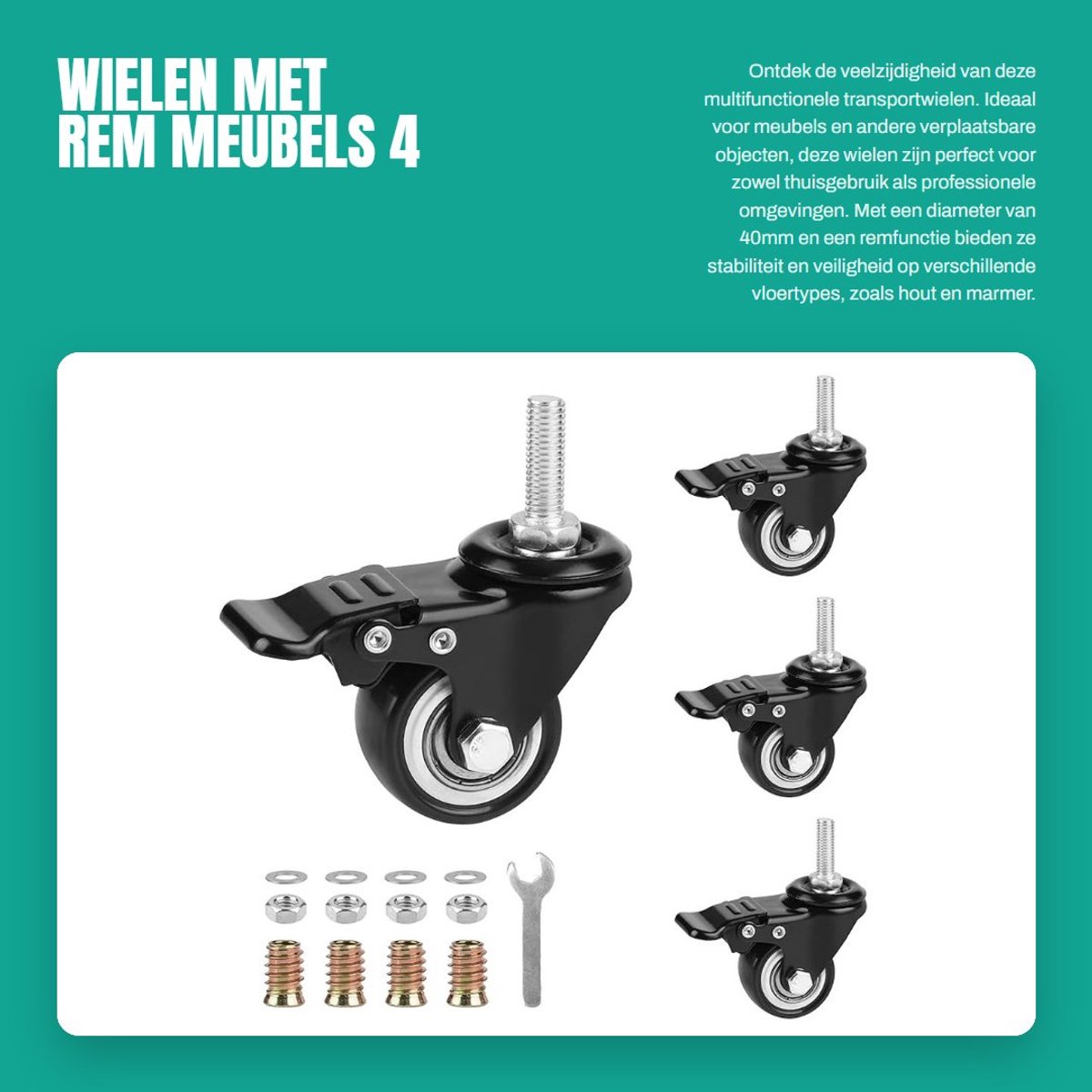 Dailygoods- Meubelwielen met Rem - 40mm Zwenkwielen - Transportroller - Meubelwieltjes - M8 Draad - Belastbaarheid 50kg per Wiel - Transportwielen
