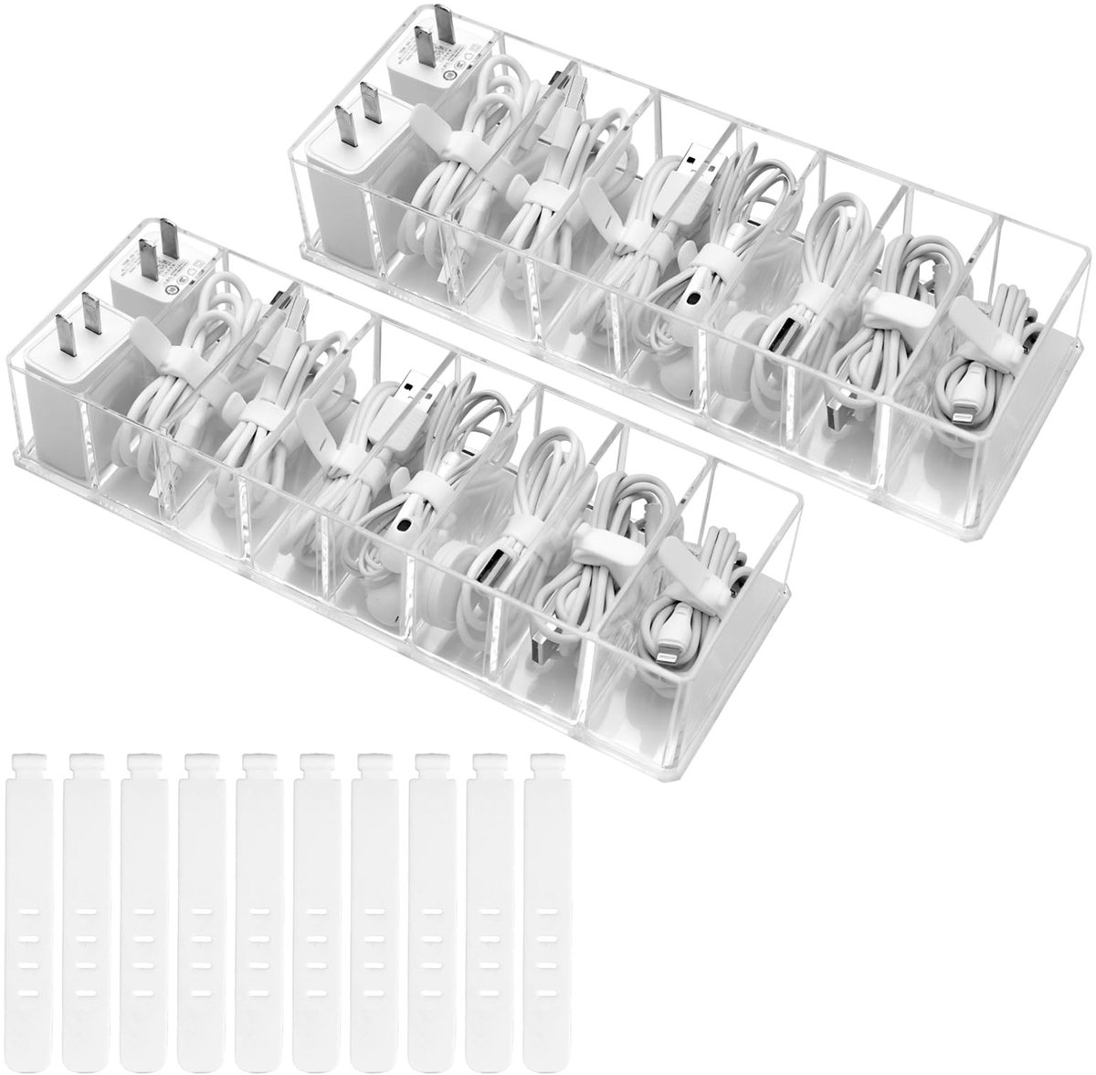 Dailygoods- Kabelopbergdoos Transparant - Kabelorganizerbox - Kabelmanagementbox - Kunststof - 2 Stuks - 10 Siliconen Kabelbinders - Kabelorganizer