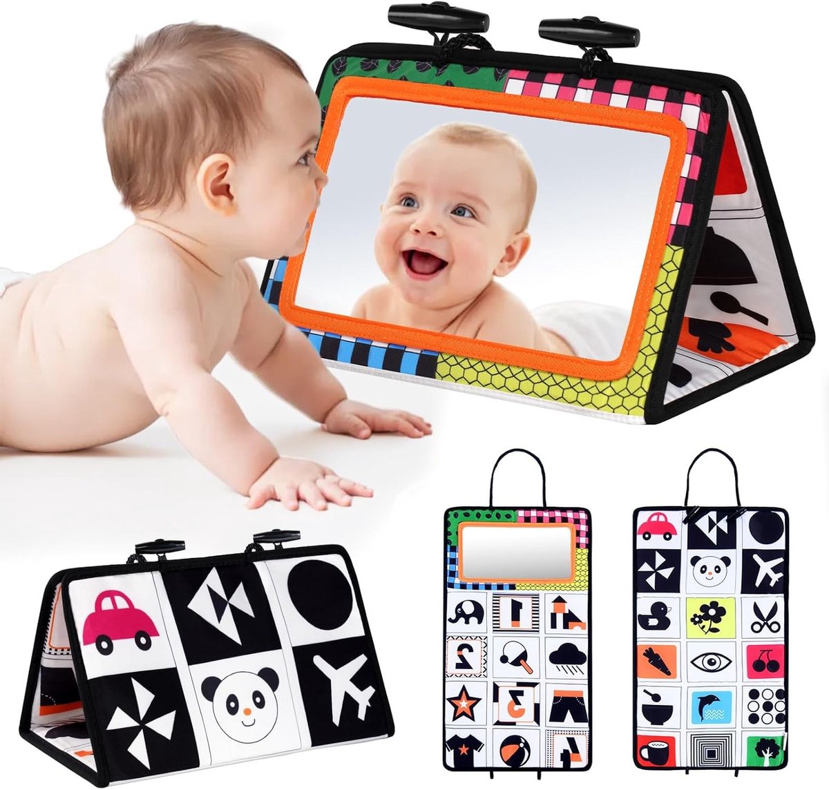 Tummy Time Spiegel voor Baby's - Zwart-Witte Sensorische Speelgoed, Vouwbare Activiteitsspiegel met Hoge Contrastpatronen voor Nieuwe Borns en Tummy Time Activiteiten