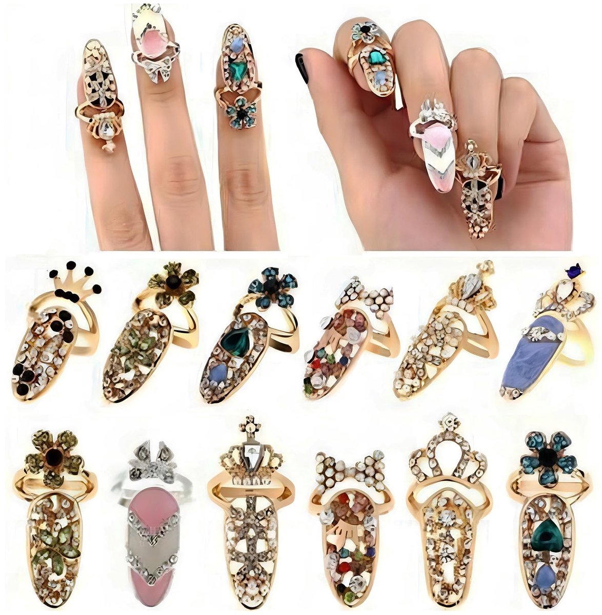Dailygoods- Vingernagels Ring Luxe - 12 Stuks - Verstelbare Nagelringen - Strass Decor - Mode Sieraden - Multisize - Nagelaccessoires