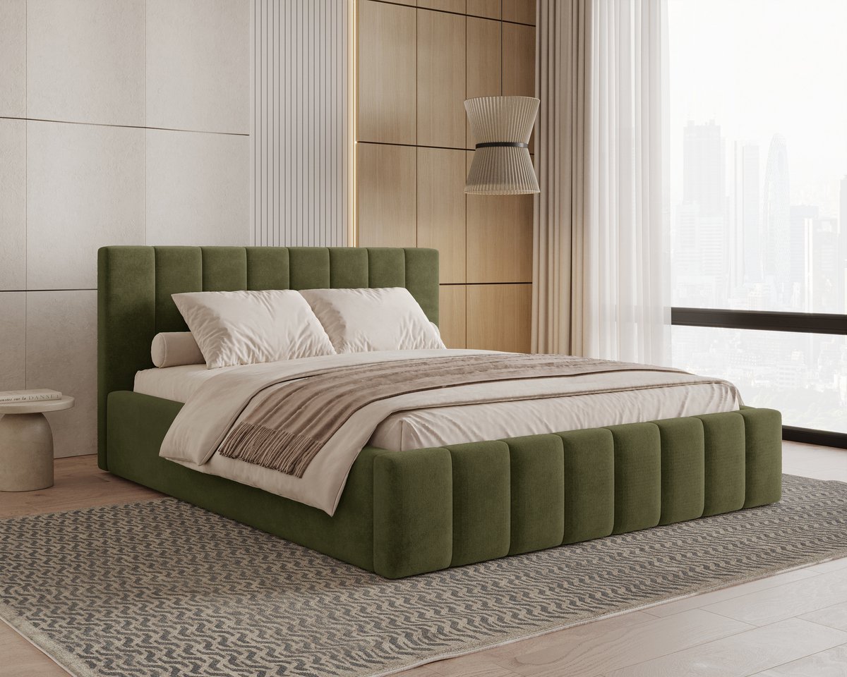 AJE Meubles B.V. Gestoffeerd Bed 01 met Opbergruimte en Hoofdbord 140x200 cm - Groen (Flow 15)