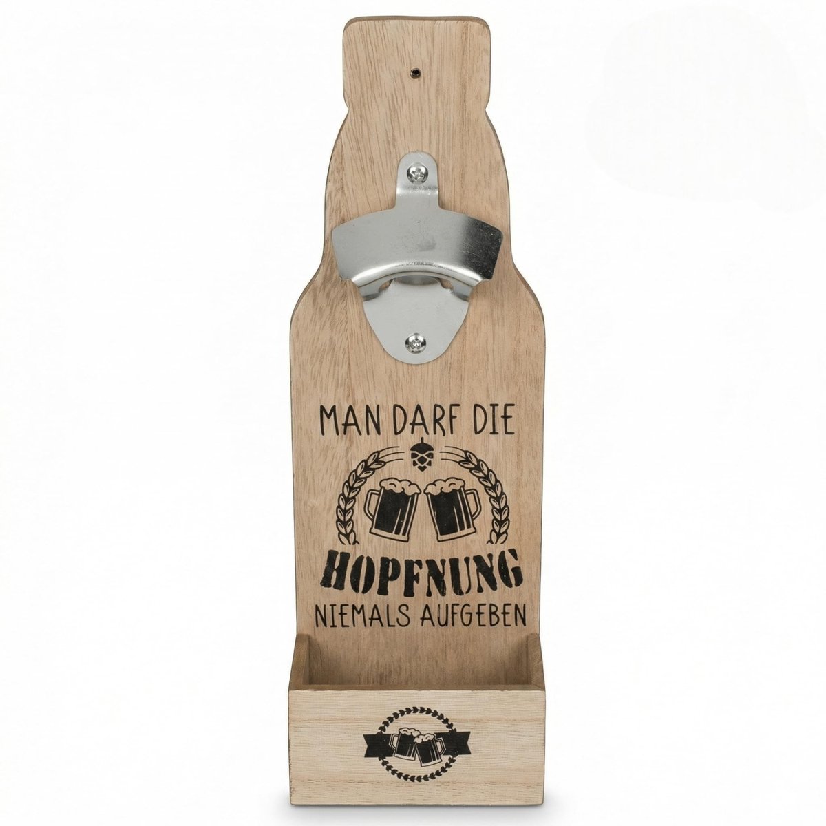 Dailygoods - Wandflesopener van Hout met Opvangbak - Metalen Flesopener voor Wandmontage
