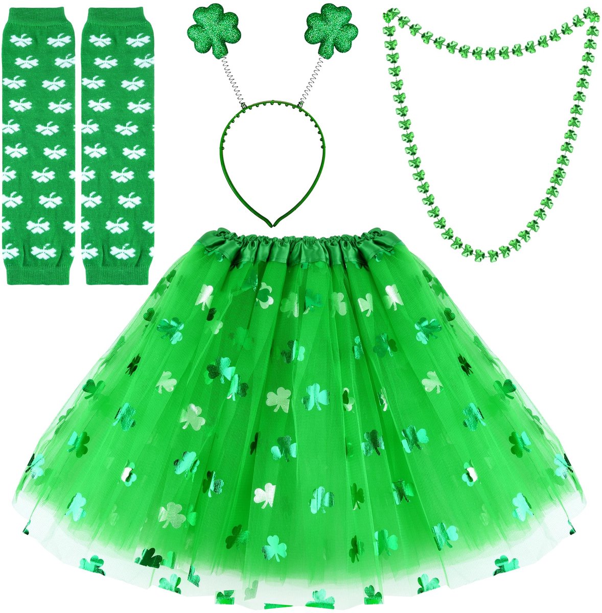 Dailygoods - St.Patrick's Day Kostuum Accessoires - Groene Tutu Rok - Inclusief Hoofdband en Ketting - Feestbenodigdheden - Voor Dames - Groene Klaver
