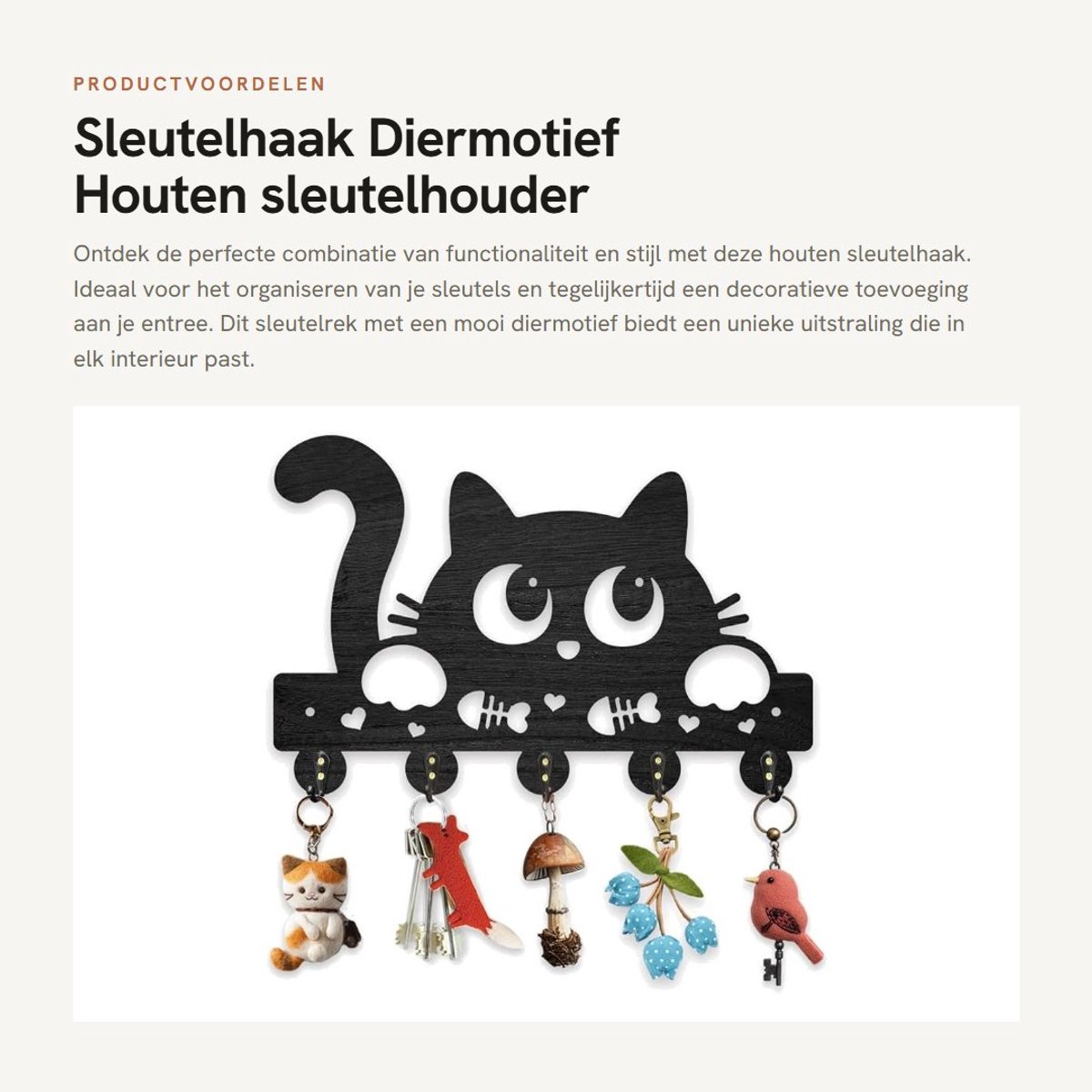 Dailygoods- Sleutelrek met 5 Haken - Houten Wandmontage - Diermotief - 30x20 cm - Organiser voor Autosleutels - Creatief Ontwerp - Kapstok