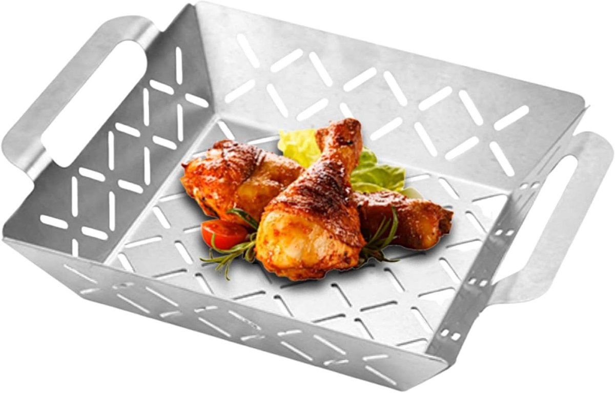 Grillmand - BBQ Kookgerei - Buiten Koken - Versterkt RVS Net - 26.5x21.6x6 cm - Zilver