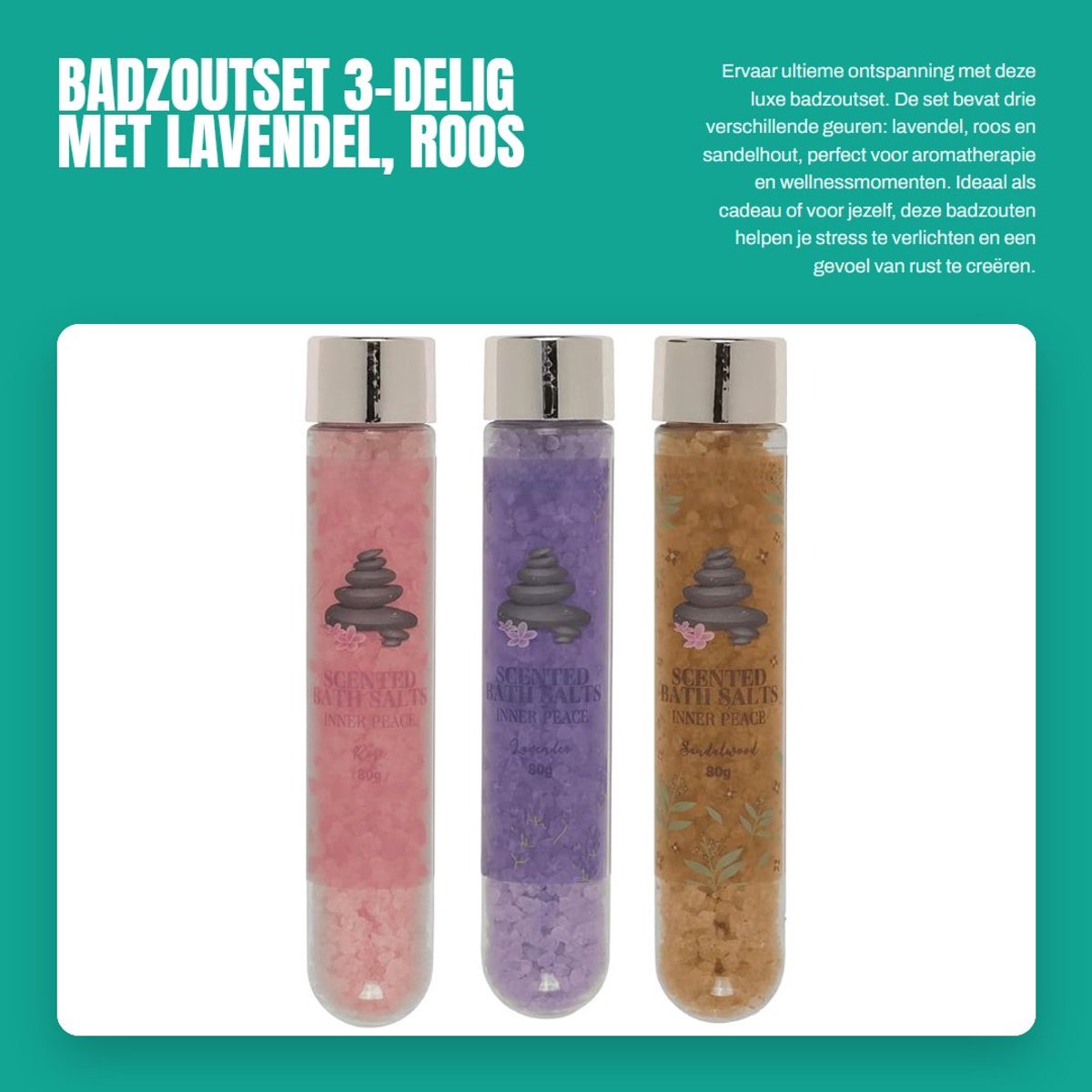 Dailygoods- Badzoutset 3-delig - Badzout Lavendel/Roos/Sandelhout - Aromatherapie - Wellnesscadeau - Ontspanning en Verzorging