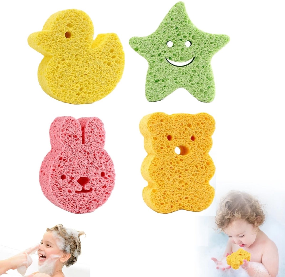 Dailygoods- Badspons voor Kinderen - Schattige Dierenvormen - 4 Stuks - Hygiënisch - Zachte Massagespons - Gemakkelijk Op Te Schuimen - Douchespons