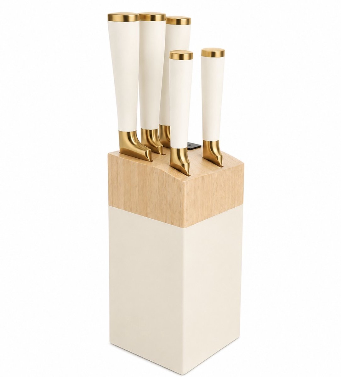 BSS® Messenset met Blok – 6 Delige Keukenmessenset Wit Goud – RVS Scherpe Messen met Houten Messenblok – Koksmes, Broodmes & Schilmes