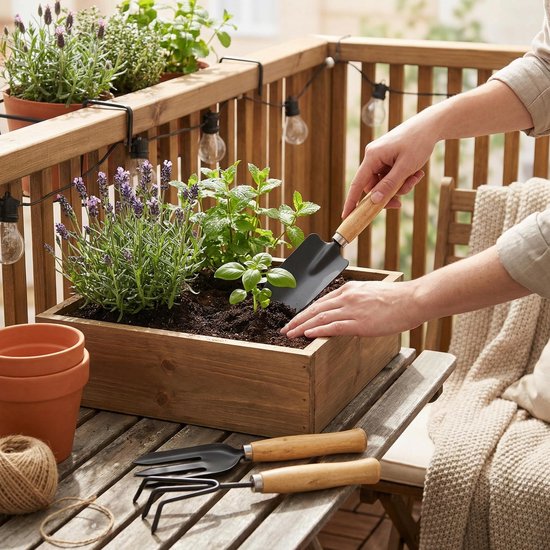 Dailygoods- Tuinapparaten Set van 3 - Hark/Schep/Vork - Houten Handgrepen - Geanodiseerd Metaal - Voor Balkon/Verhoogd Bloembed - Tuingereedschap van Dailygoods — afbeelding 3