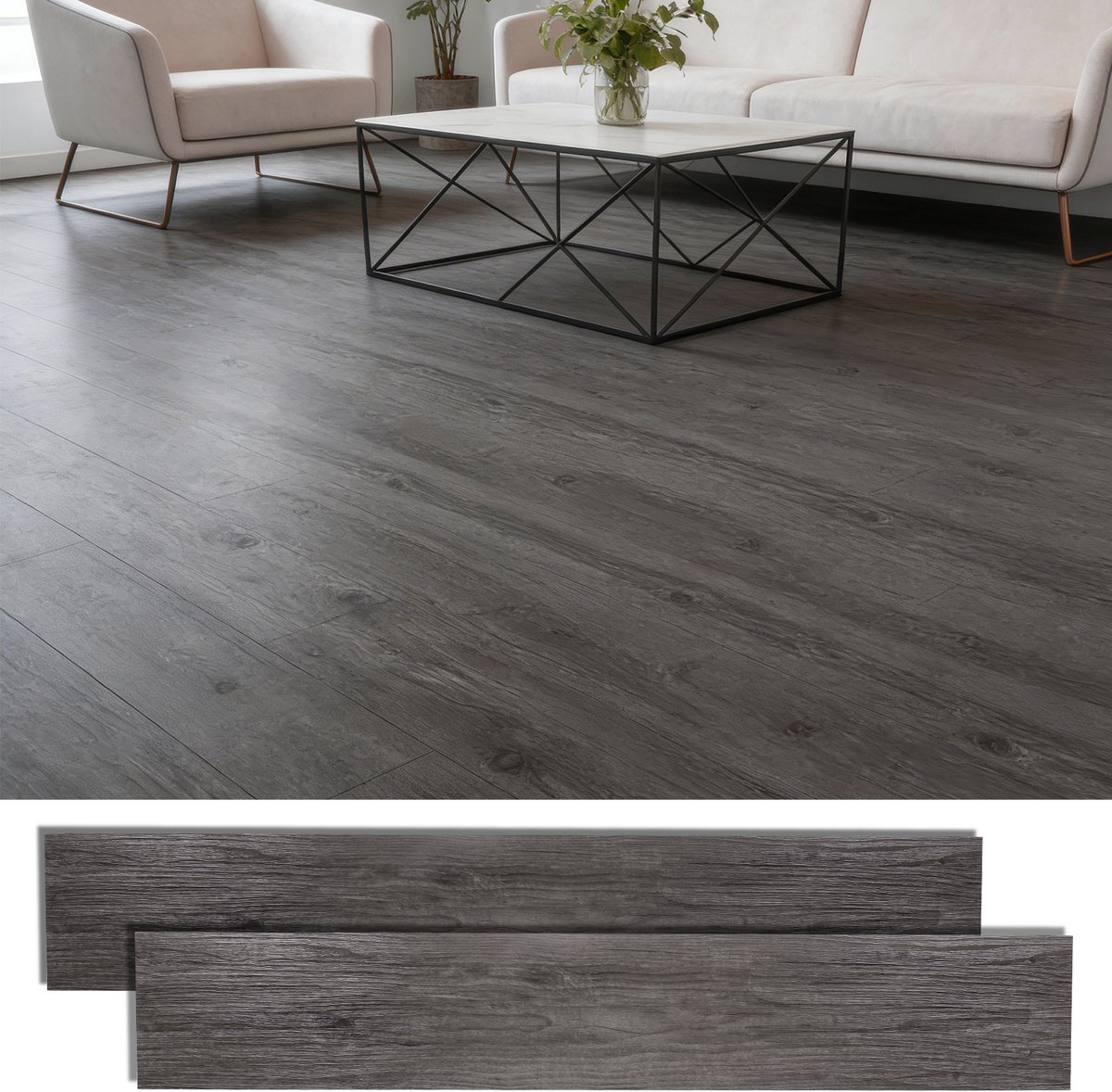 Lemonmax Zelfklevende PVC vloer - vinyl vloertegels houtlook waterdicht - voor keuken woonkamer en hal - 5 m² 36 stuks 2 mm - Houtnerf donkergrijs