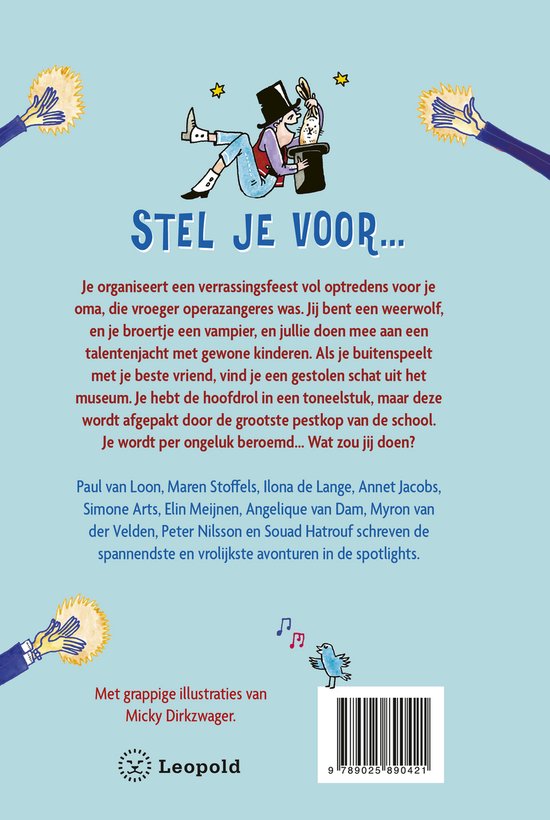 Boekcover met de titel 'STEL JE VOOR...', een illustratie van een tovenaar met een konijn in een hoed, omringd door sterren en handen met lichtflitsen.