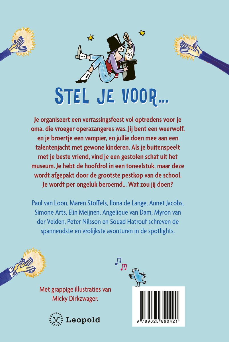 Boekcover met de titel 'STEL JE VOOR...', een illustratie van een tovenaar met een konijn in een hoed, omringd door sterren en handen met lichtflitsen.