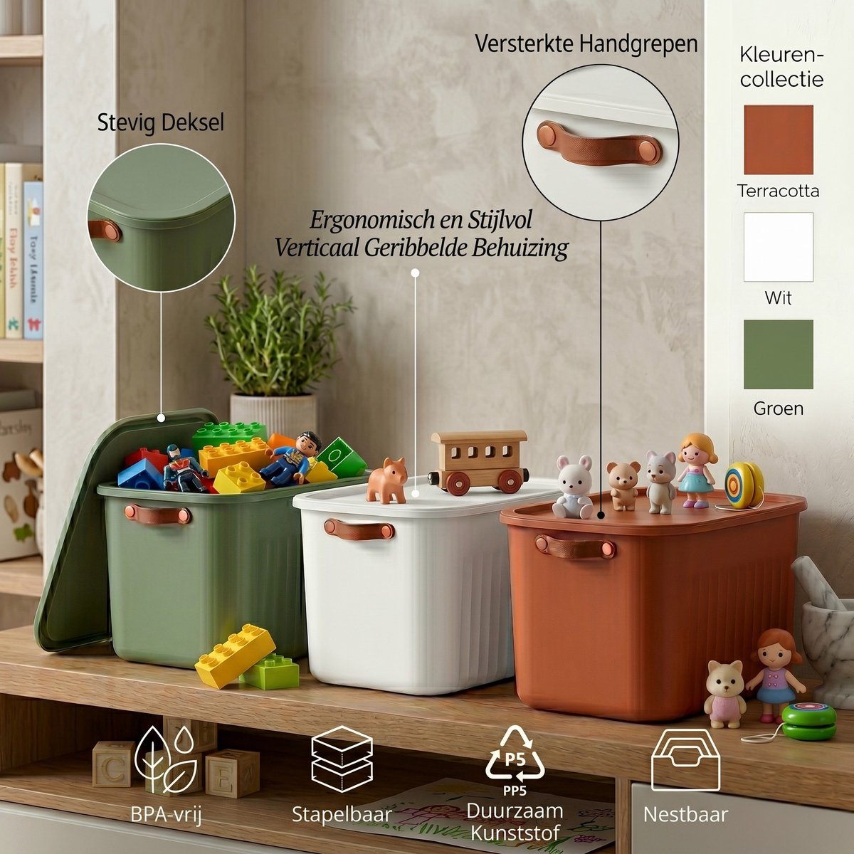 INDECOR-Opbergbox Set van 3 met Deksel – Stapelbare Speelgoedbox met Handgrepen – Organizer voor Lego en Bouwstenen – Terracotta, Wit en Groen