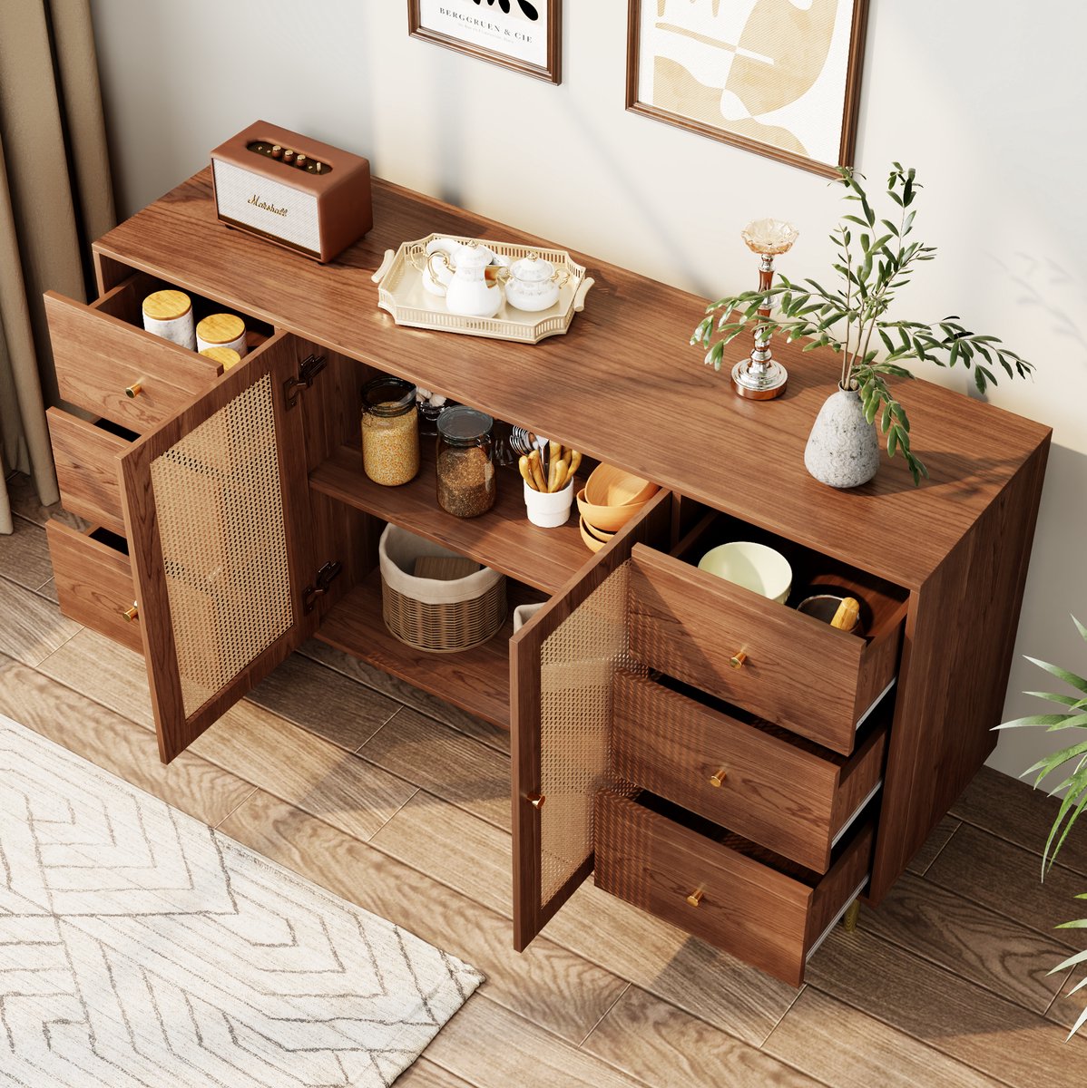 DESMIU Dressoir - Met Rattan Deuren En 6 Laden - Veelzijdige Opbergkast Voor Keuken En Woonkamer - MDF In Houtkleur - 160x40x90 Cm