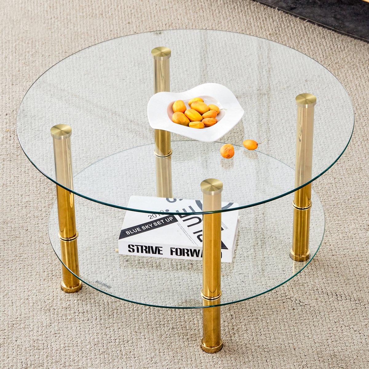 DESMIU Salontafel - Twee Laags Glazen Ontwerp Met Luxe Uitstraling - Voor Woonkamer Balkon En Slaapkamer - Glas En Metaal - Goud Transparant - 70 En 60 Cm
