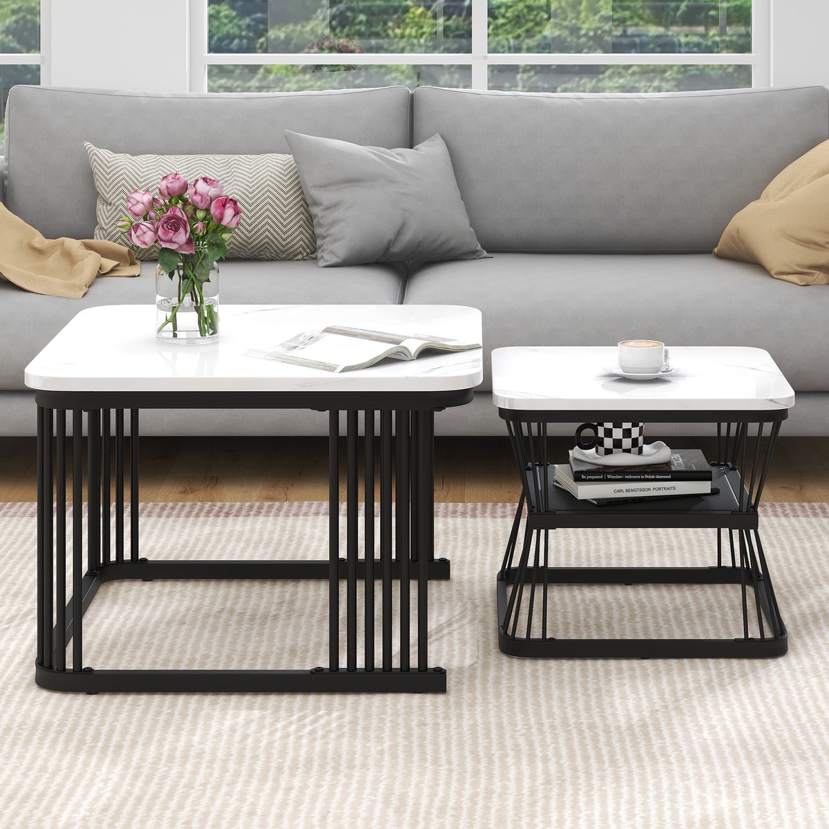DESMIU Bijzettafel Set – Marmerlook Met Hoogglans En Stalen Onderstel – Voor Woonkamer En Bank – MDF En Staal – Wit – 65x65x45 Cm En 45x45x39,5 Cm