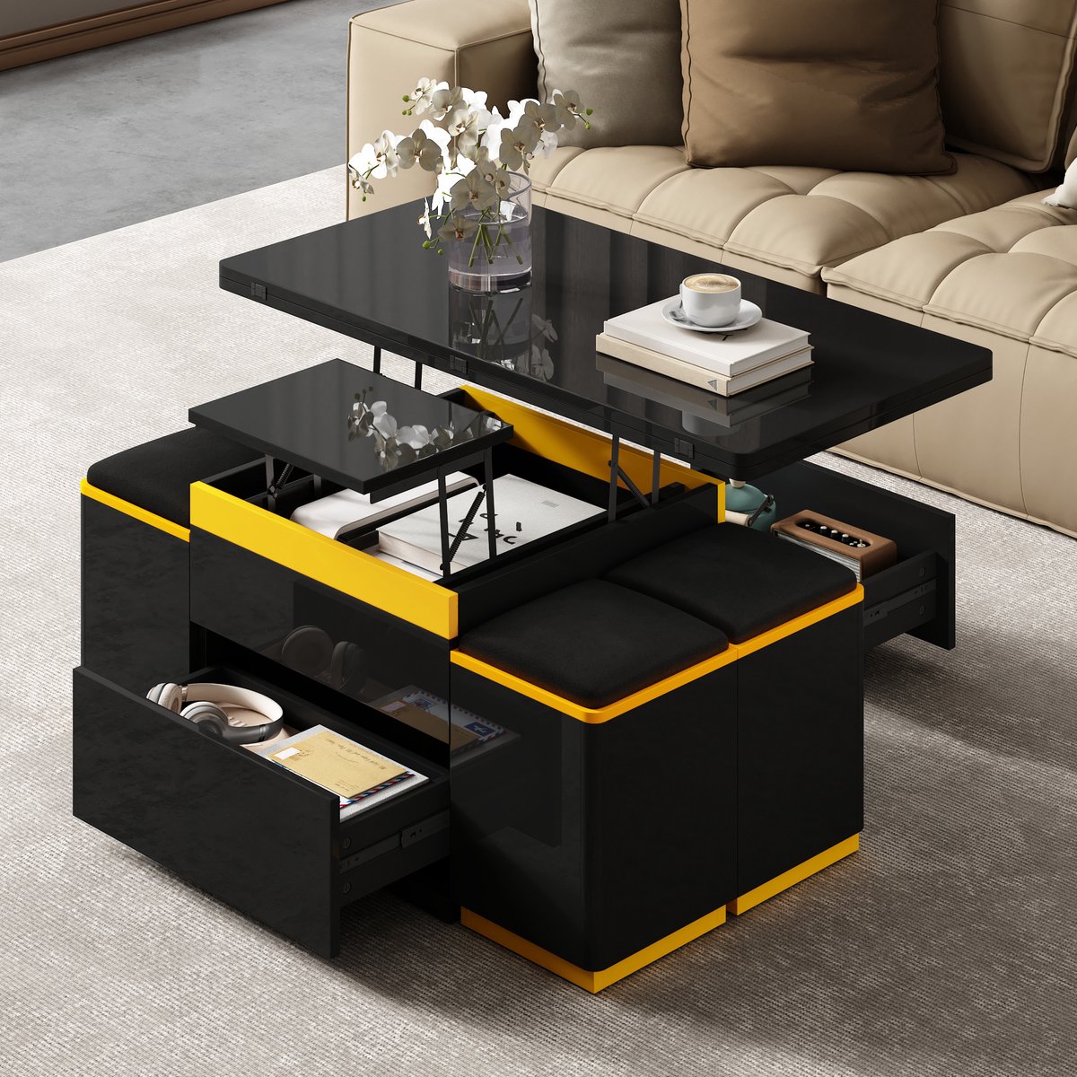 DESMIU Salontafel - Opklapbaar En Hoogteverstelbaar Met Opbergruimte En Hockers - Voor Woonkamer, Eten En Werk - MDF En Spaanplaat - Zwart Geel - 100 X 50 X 43 Cm