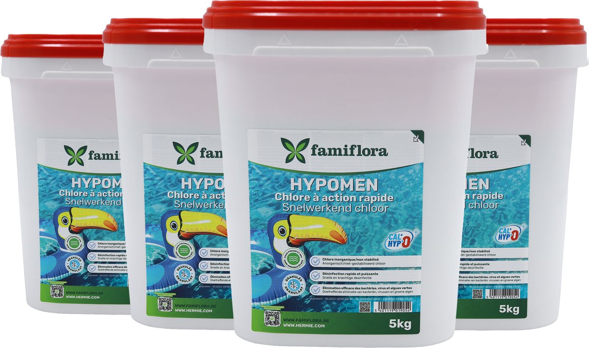 Famiflora - Snelwerkend anorganisch chloor 20 KG (4 x 5kg) - granulaat - niet-gestabiliseerd chloor - Snelle werking - Snel gebruiksklaar - Efficiënte desinfectie