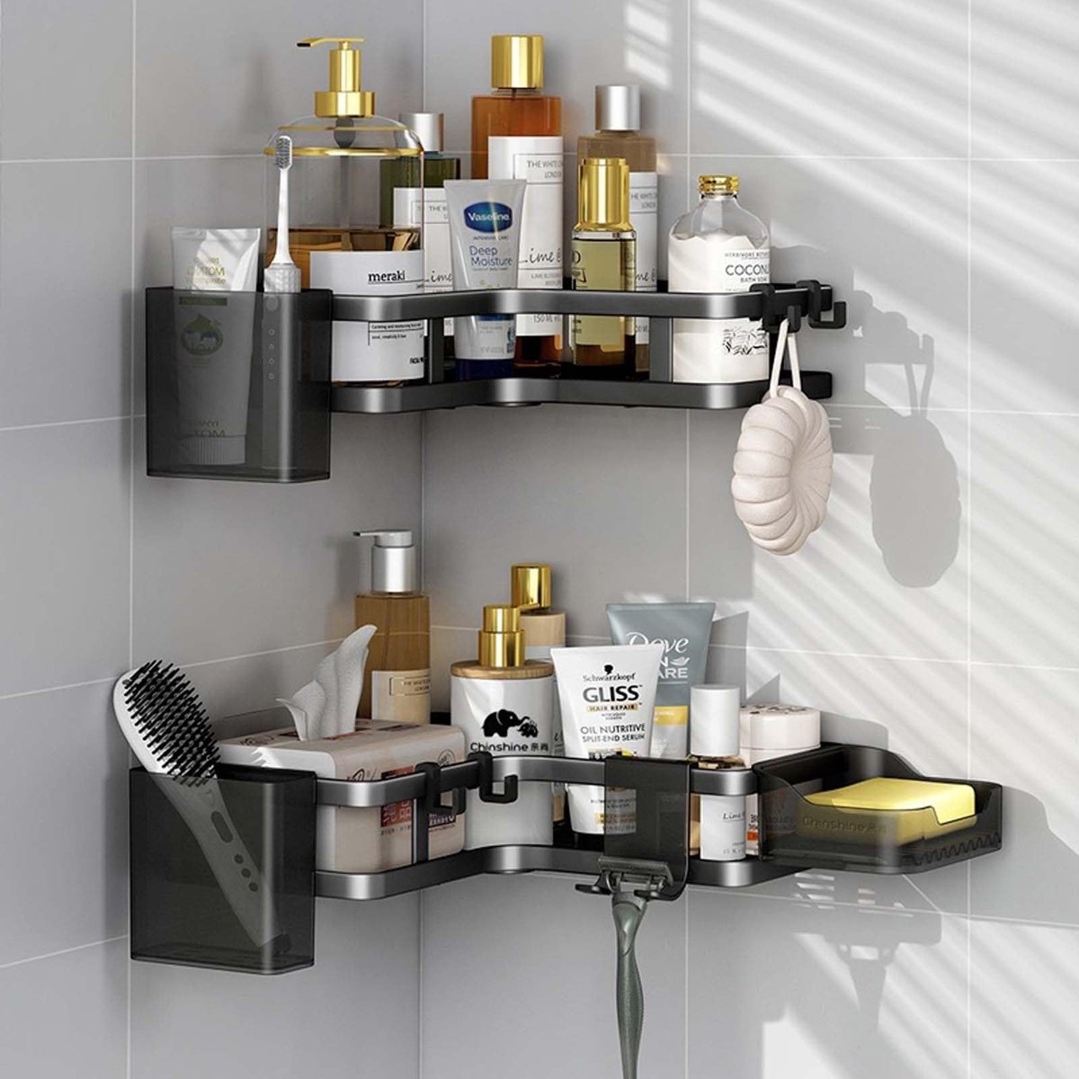 Dailygoods- Doucheplank zonder boren - Badkamer Organizer - 2 Stuks - Roestvrij Staal - 4 Haken - 25 x 25 x 5 cm - Modern Minimalistisch - Badkamerrek