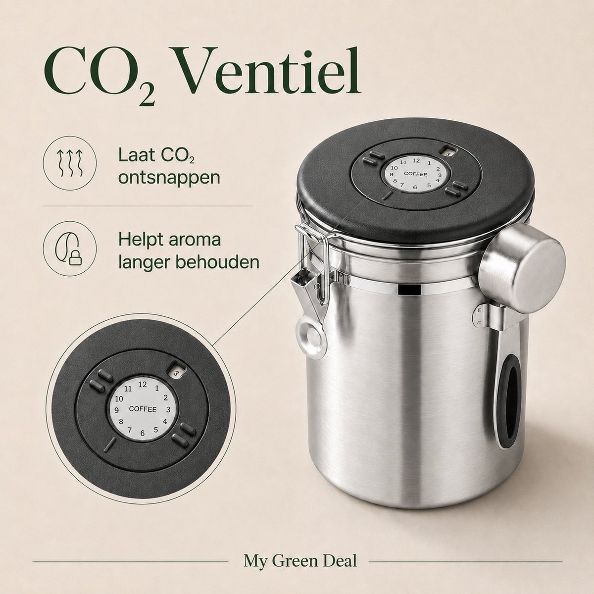 My Green Deal – RVS Koffie Bewaarbus 1,8L Zilver – Koffie Bewaarpot – Koffieblik – Luchtdichte Koffie Bewaarbus – Met Versheidsventiel