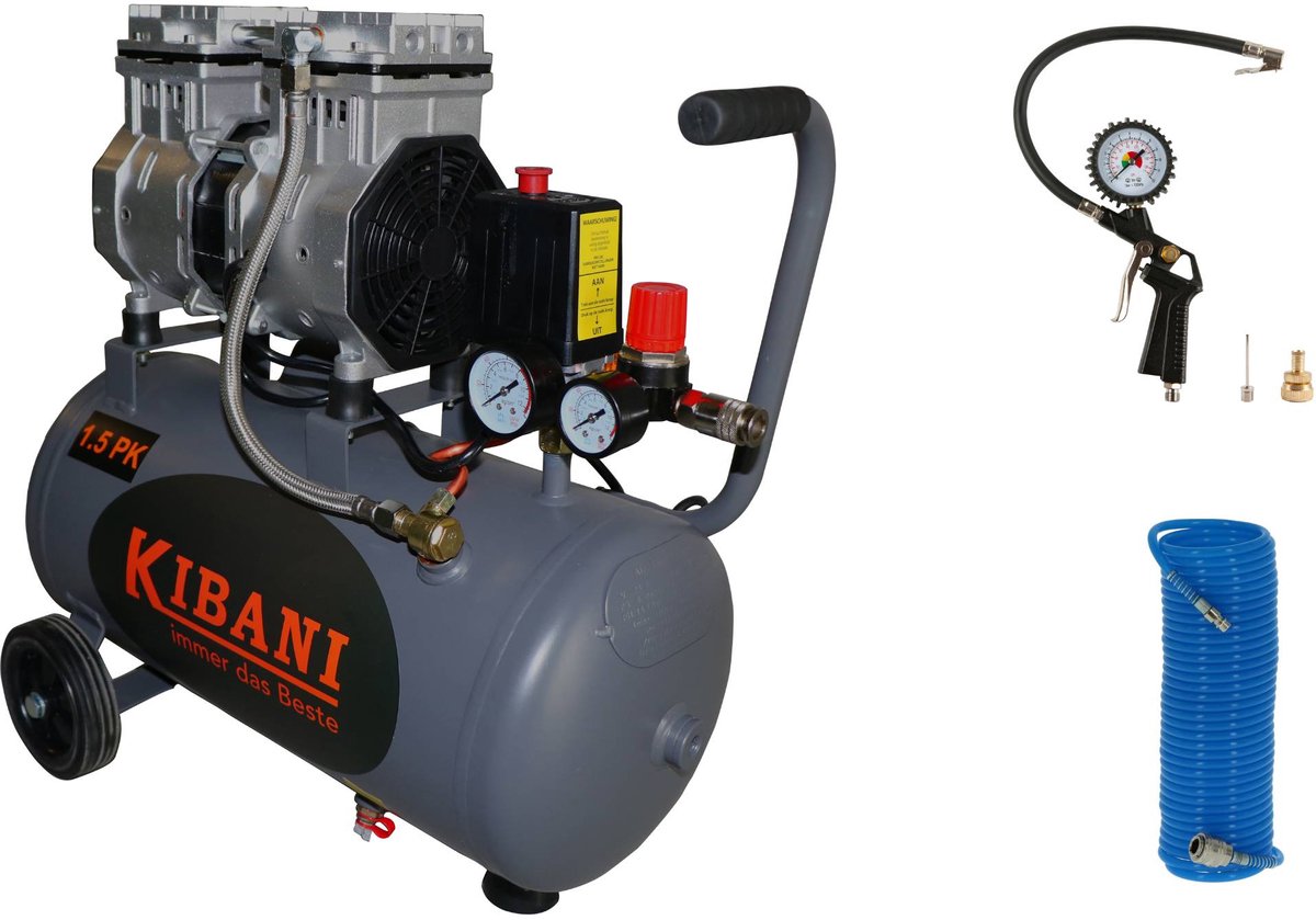 Kibani Super Stille Compressor 24 liter + Luchtslang + Bandenpomp - SET - Low Noise - Compressoren - 24L