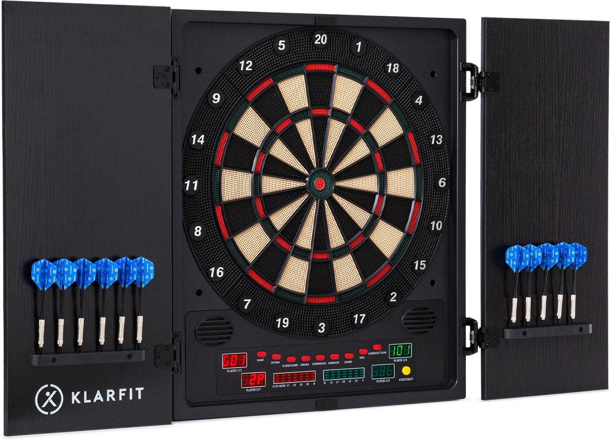 Klarfit Elektronisch Dartbord, Professioneel Dartbord voor Kinderen & Volwassenen, Elektronisch Dartbord met 12 Gekleurde Dartpijlen & Dartcomputer met LED-display, E-dartbord met Deuren & Pijlen