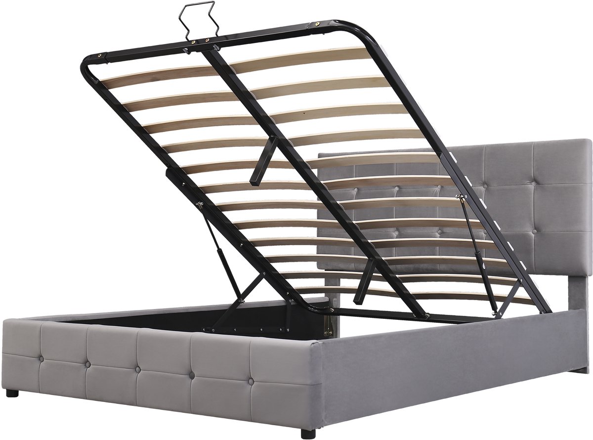 Gestoffeerd tweepersoonsbed van 140 x 200 mm met hydraulisch liftsysteem voor opbergruimte, in hoogte verstelbaar gestoffeerd hoofdeinde, metalen lattenbodem, huidvriendelijke fluwelen stof, geschikt voor volwassenen en tieners, grijs.