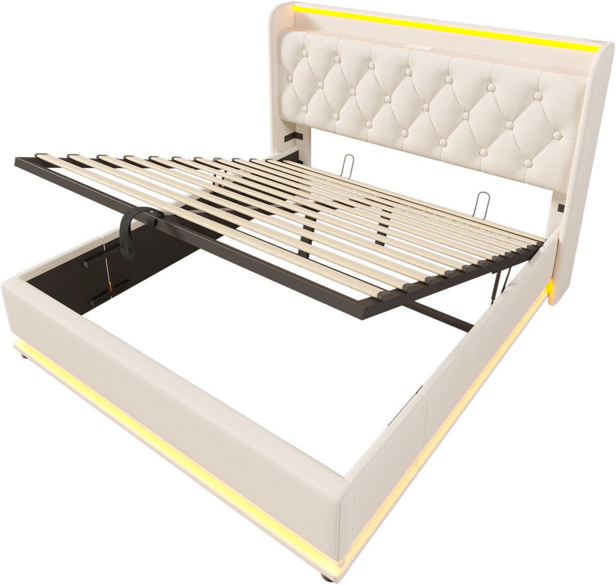 COVREO Bed met LED-verlichting en USB-C – 140x200 cm – Tweepersoonsbed met hydraulische opbergruimte – Gestoffeerd frame met lattenbodem – Wit - zonder matras