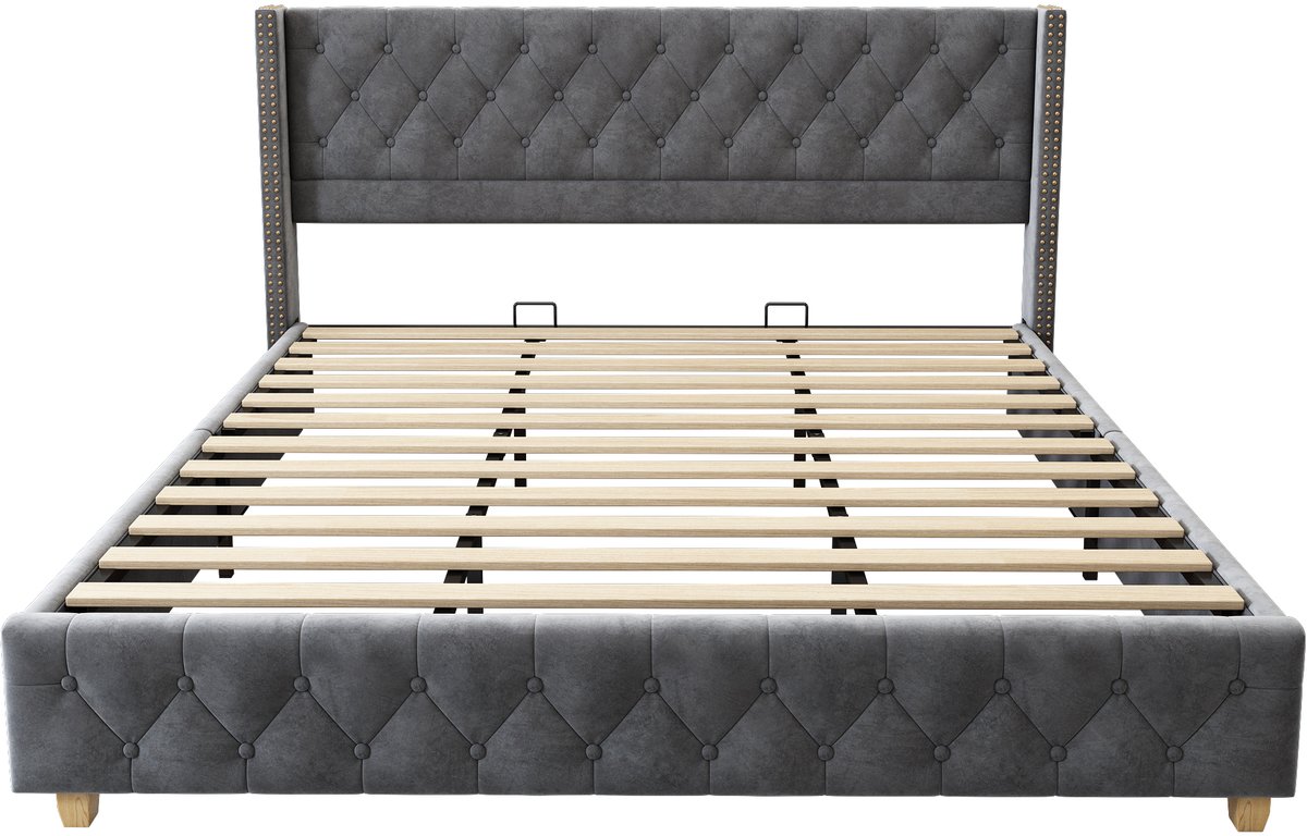 COVREO Bedframe 180x200 cm grijs velvet met hoofdbord, zonder matras