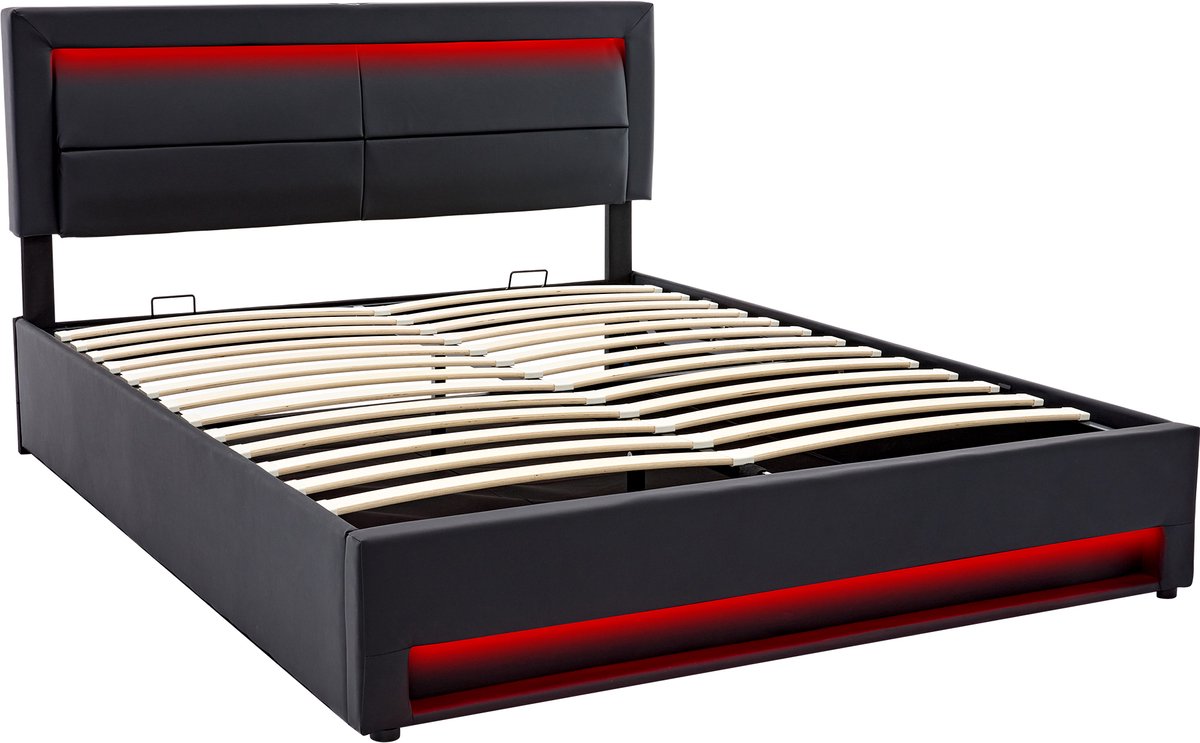 COVREO Bedframe 140x200 cm - zwart PU, LED en USB, zonder matras