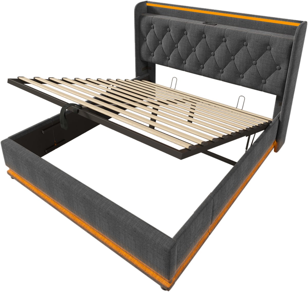 COVREO Bed met LED – 140x200 cm – Tweepersoons model met opbergruimte – Frame voor slaapkamer – Grijs - zonder matras