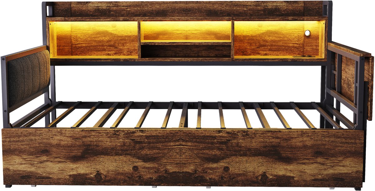 COVREO Multifunctioneel bed met uitklapbaar bureau en ledverlichting – 90x200 cm – Metalen slaapbank voor slaapkamer en woonkamer – 238.5x109.2x103 cm – Natuurlijk hout - zonder matras