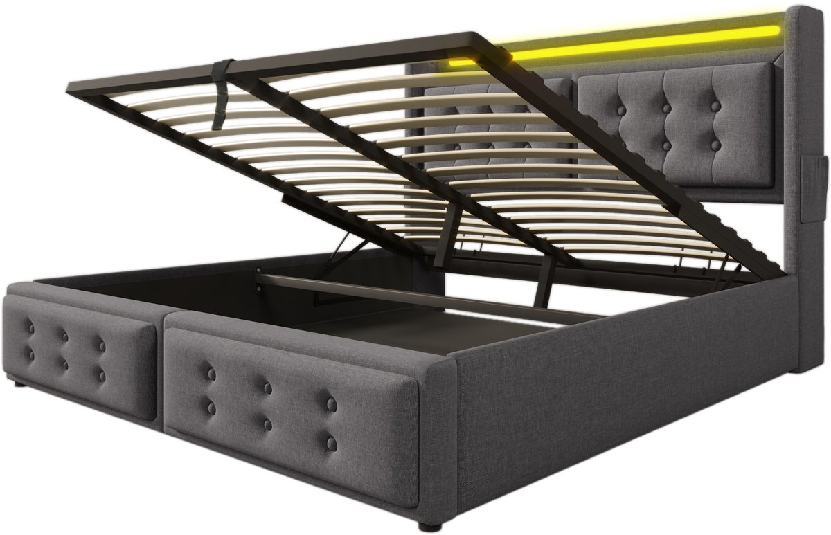 COVREO Bed 140x200 cm - tweepersoons met LED, USB-C, opbergruimte en lattenbodem, grijs