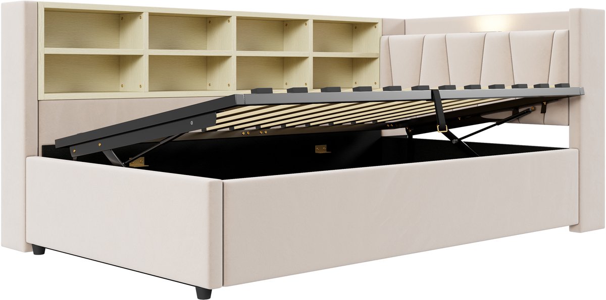 COVREO Slaapbank met opbergruimte – 90x200 cm – Bed met nachtlamp en USB – met zijvakken en lattenbodem – Beige - zonder matras