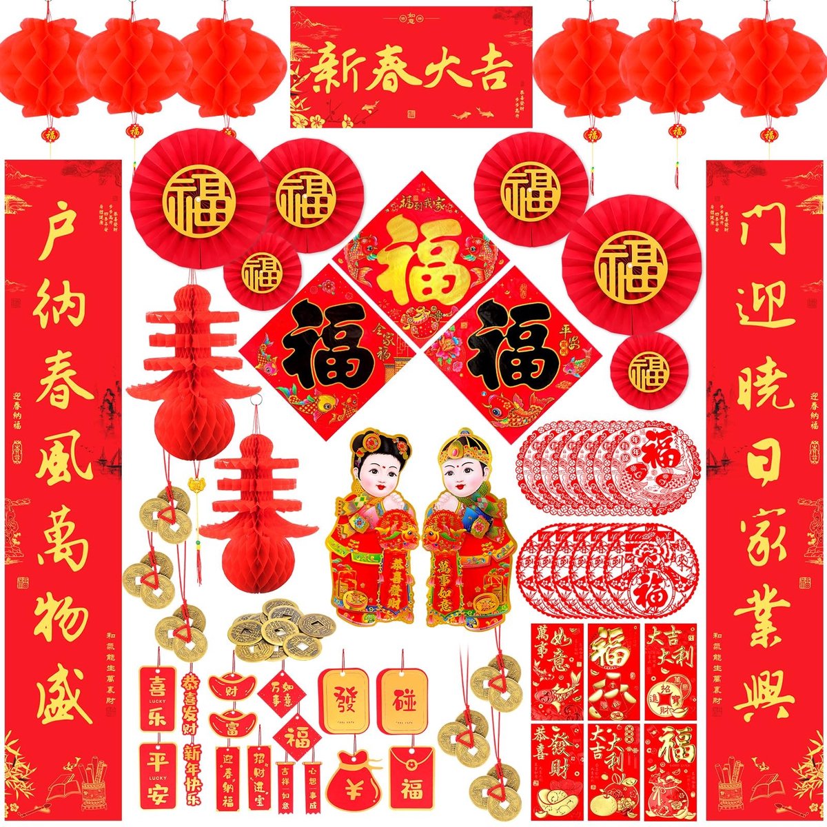 Dailygoods- Decoraties Chinees Nieuwjaar 2024 - Lantaarns - Raamstickers - Rode Enveloppen - Fu-tekens - Geluksmunten - 16 Stuks Ornamenten - Feestversieringen