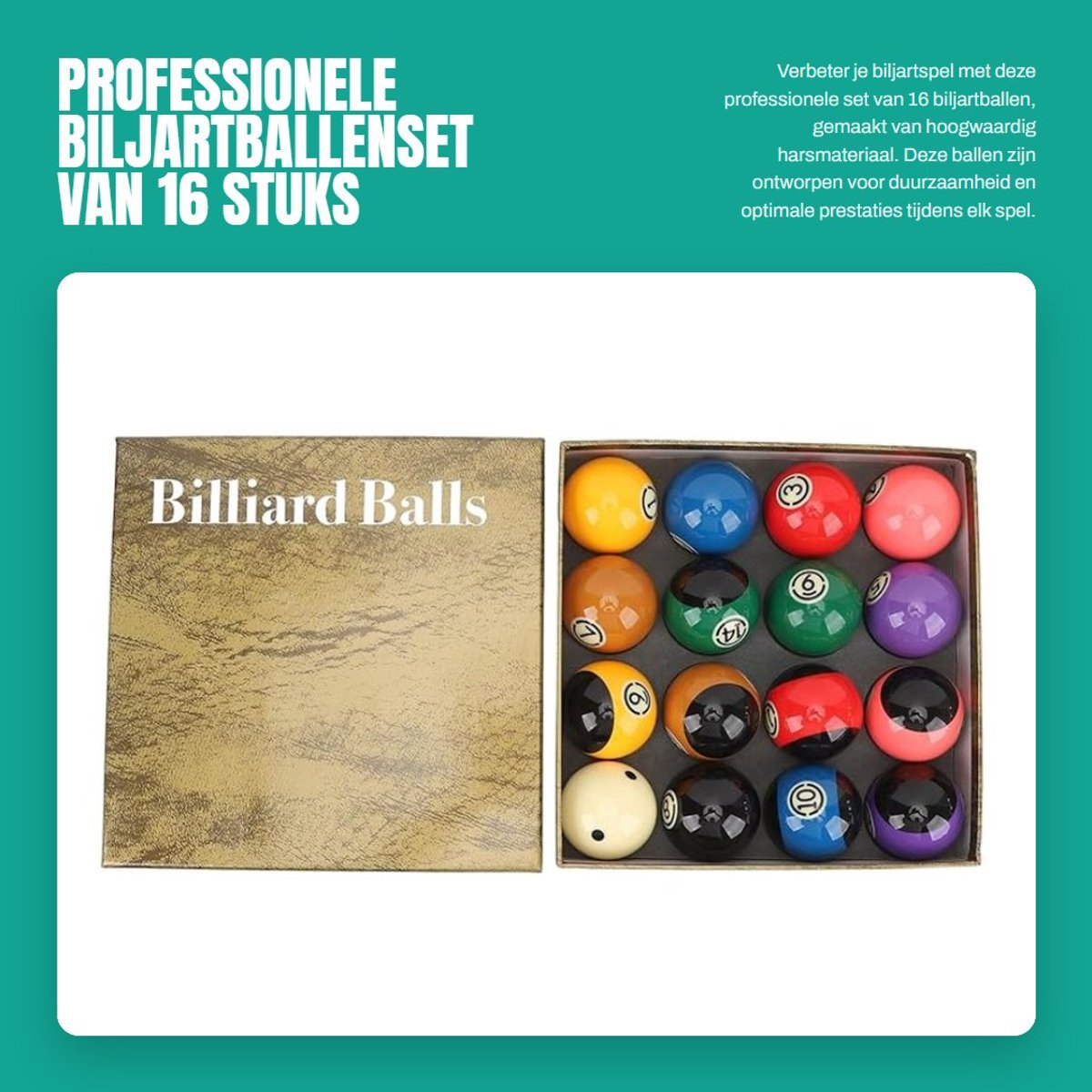 Dailygoods- Biljartballenset 16 Stuks - Professionele Hars Biljartballen - Diameter 5,72 cm - Duurzaam - Nauwkeurige Balbeweging - Ideale Balans en Gewichtsverdeling - Poolballen