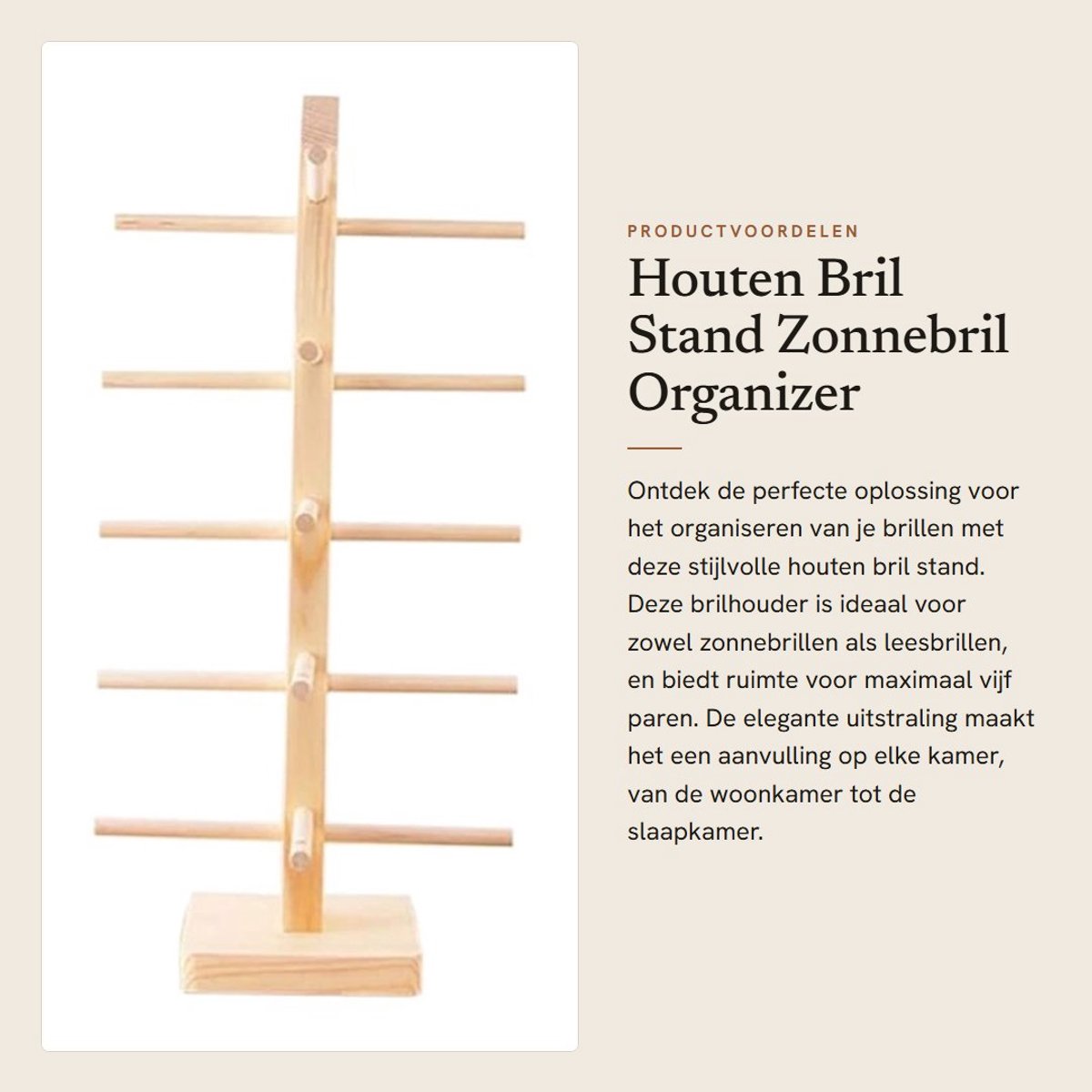 Dailygoods- Brilstand Stevig en Duurzaam - Brilhouder voor 5 Paren - Zonnebril Organizer - Houten Brilstandaard - Glazen Displaystandaard - 17*17.2*36.2cm