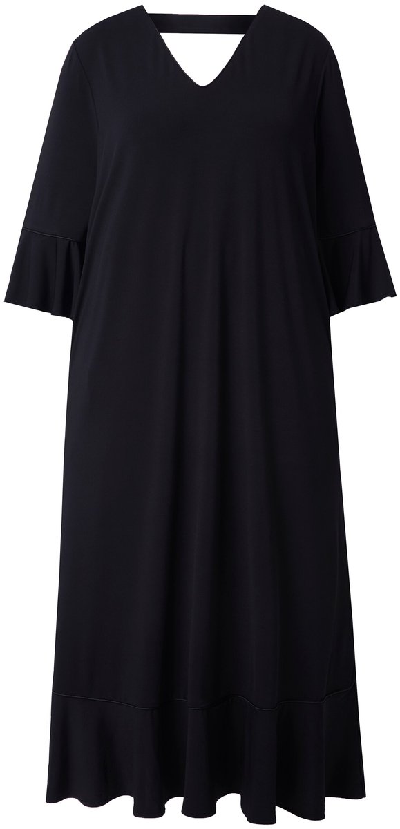 Ulla Popken Dames - Maxi-jurk volants A-lijn V-hals 3/4-mouwen - Zwart - Maat 46+