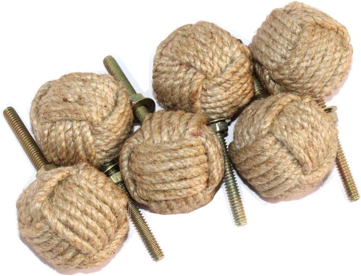 SnelShoppen - 6 PCS Jute Rope Racks/Knoppen voor Kast en Lade - Natuurlijke Jute en Chrome - Nautische Decoratie voor Strandhuis en Keuken