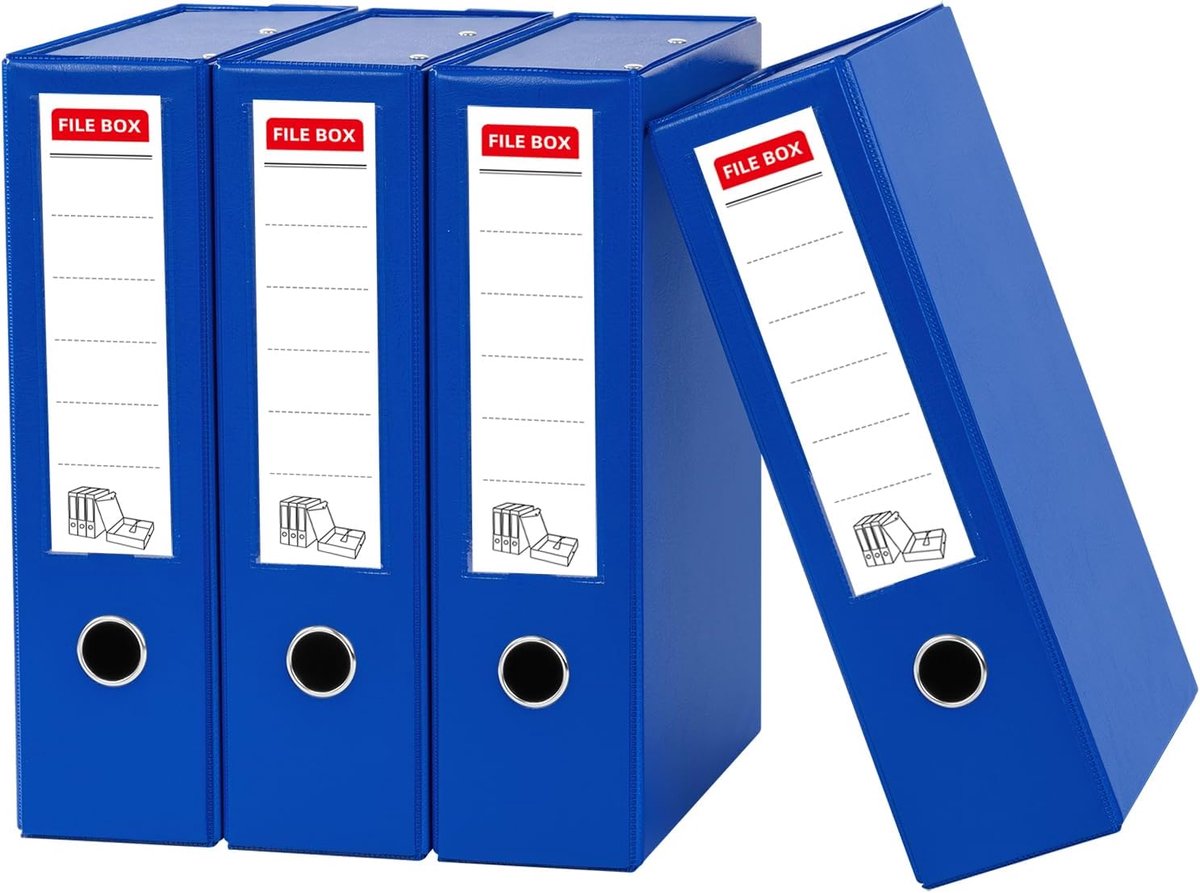 SnelShoppen - 4-Piece A4 Document Box Set - 88mm Rugbreedte - Inklapbare PVC en Karton Archiefdozen - Capaciteit 700 Vellen - Blauwe Documentenbox voo
