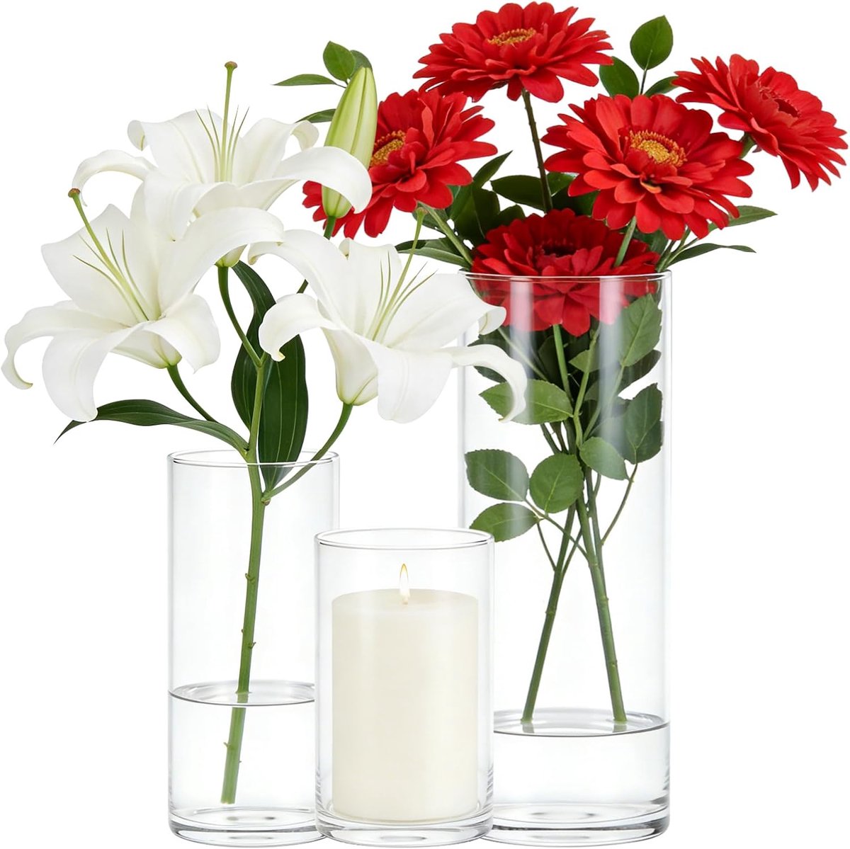 SnelShoppen - Set van 3 Vaassen 15x6,5 cm, 20x8,5 cm, 25x10 cm - Glazen Bloempotten voor Binnen en Buiten - Perfect voor Feest, Tuin, Keuken en Decora