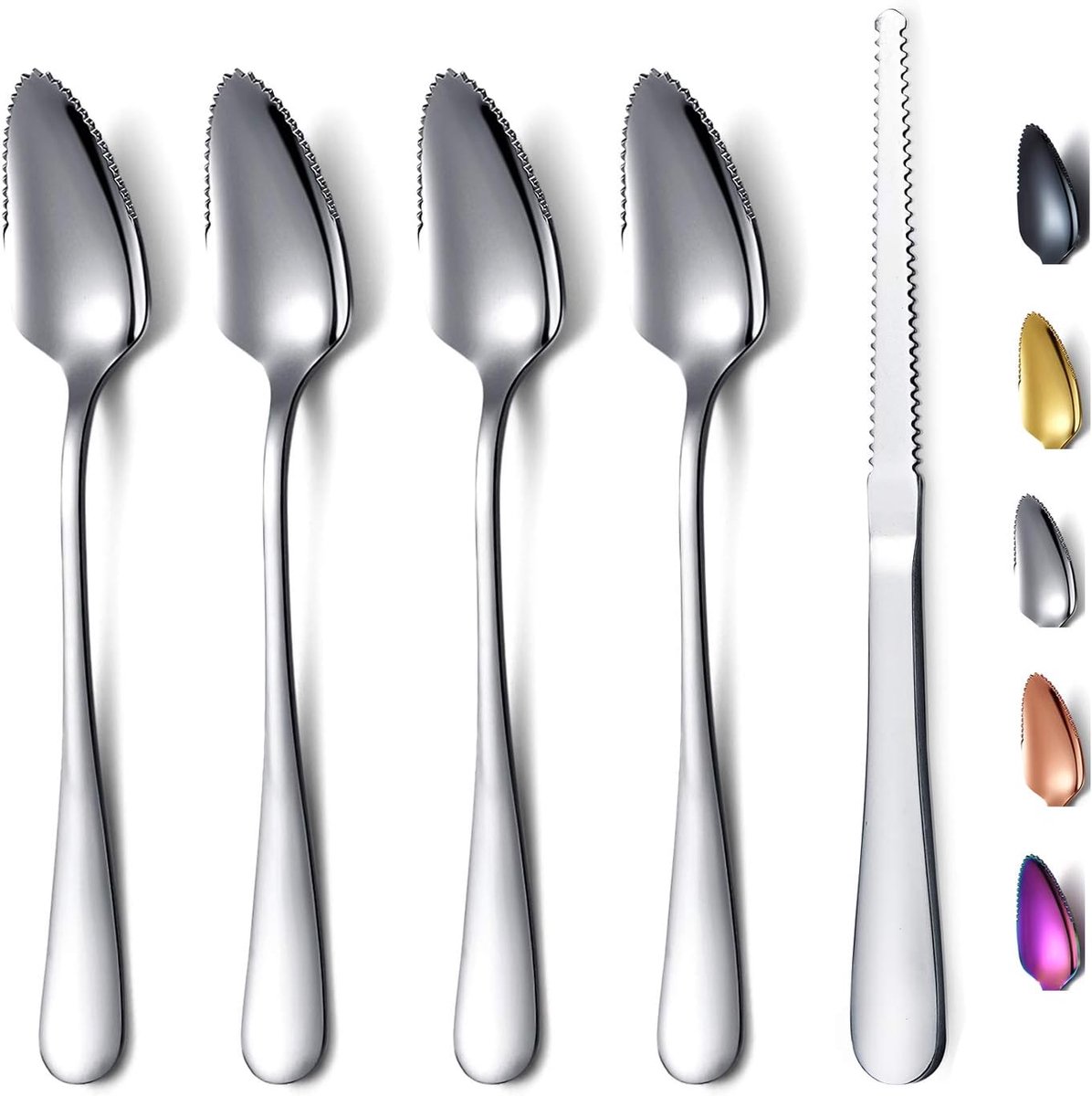 SnelShoppen - Grapefruit Lepels Set 5 Stuks, 4 RVS Grapefruit Lepels en 1 Titanium Coating Grapefruit Mes, Serrated Edge Keuken Gereedschap voor Fruit