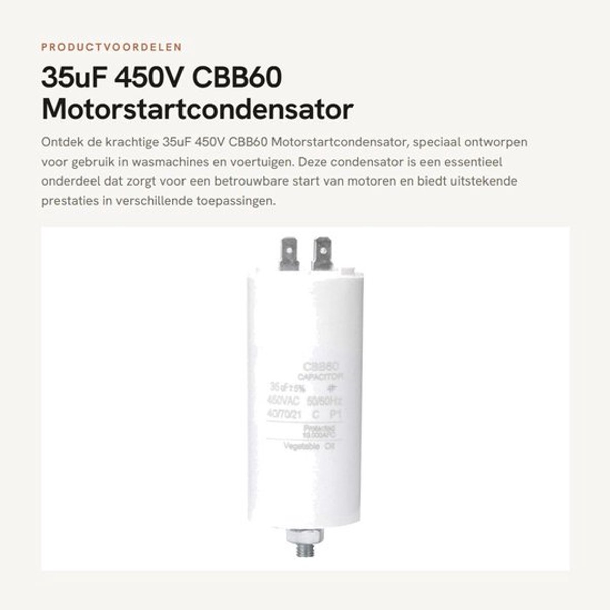 Motorstartcondensator 35uF 450V - Aanloopcondensator - Condensator voor Wasmachine - Condensator voor Voertuig - Schroefmoer - Duurzaam ontwerp