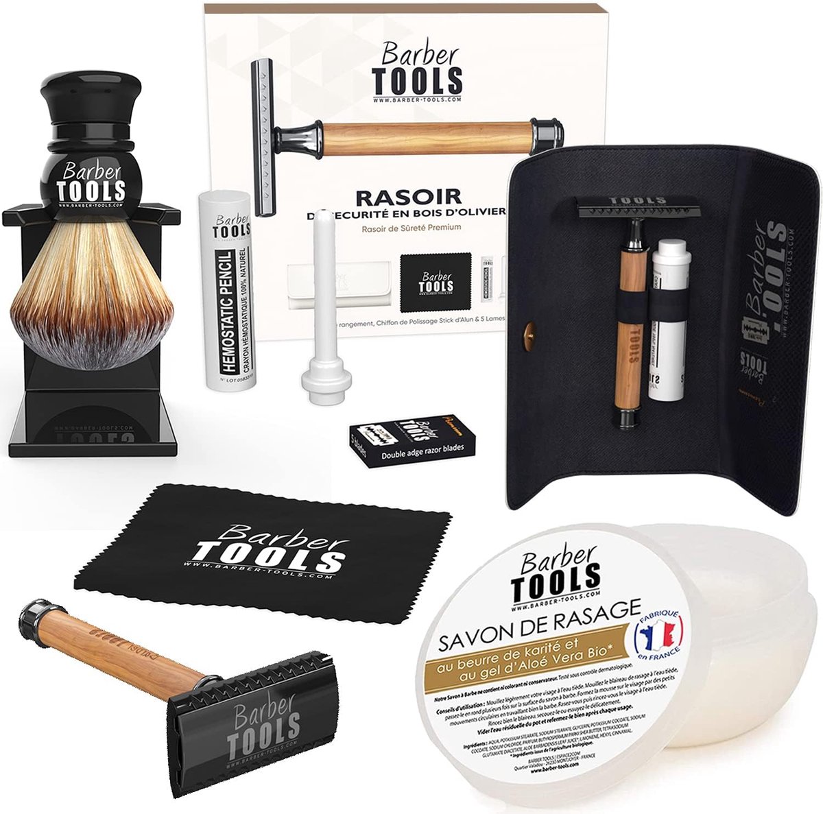 SnelShoppen - Barber Tools Scheerset met 5 Scheermessen, 50 Scheermesjes, 100g 100% Natuurlijke Alu Steen, Inclusief Opbergtas en Onderhoudsaccessoire