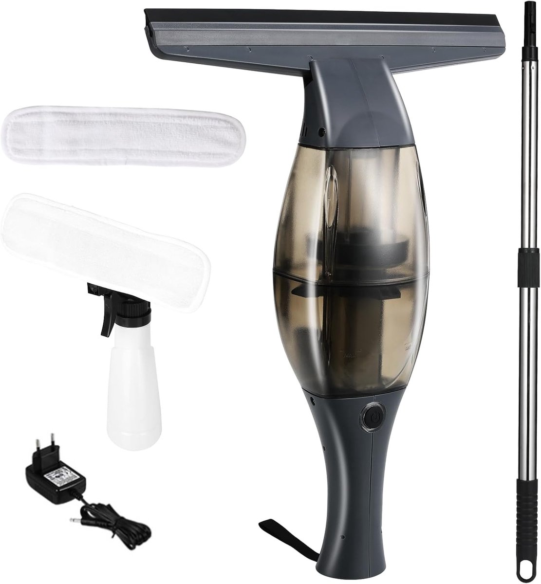 SnelShoppen - Elektrische Raamreiniger met Telescoopsteel, Oplaadbare Accu 40 min, 28 cm Mondstuk, Sprayfles met Microvezelhoes voor 360° Streeploos S