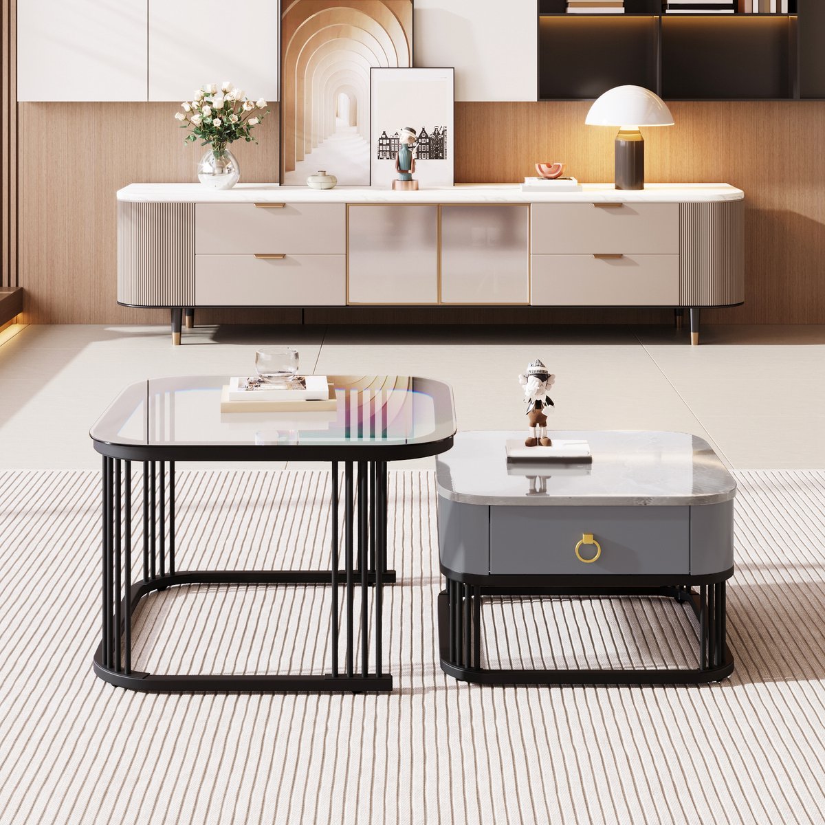 COVREO Salontafel set van 2 60x60x44,5 cm en 50x50x34,5 cm – zwart/grijs, met 2 lades