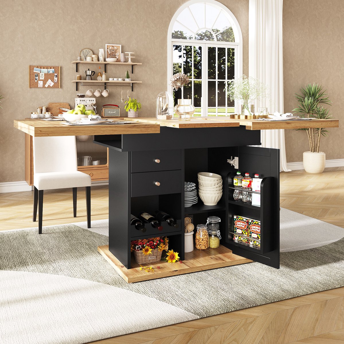 COVREO Uitschuifbare Eettafel 110-140 x 80 x 75 cm – zwart en naturel, met opbergruimte Black
